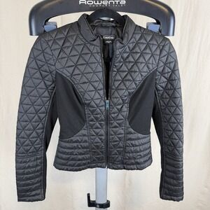 Bebe‎ Black Ladies XS Quilted Short Fitted Jacket With Knit Insets Moto Chic